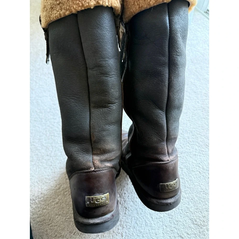 UGG Australia Women's Leather Tall Shearling Lined Winter Boots Brown SZ 12